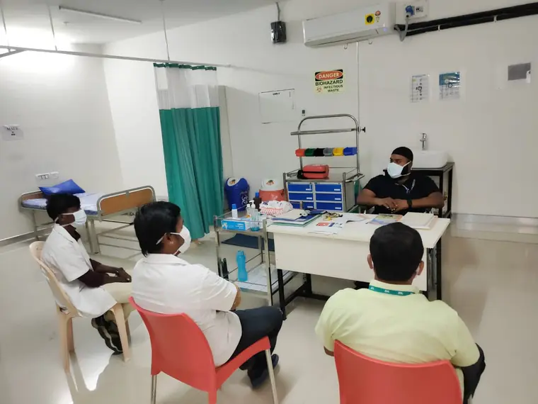 First aid competency session inside a plant medical room